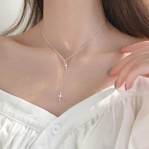 NEW Silver Simple Cross Long Chain Pendant Necklace